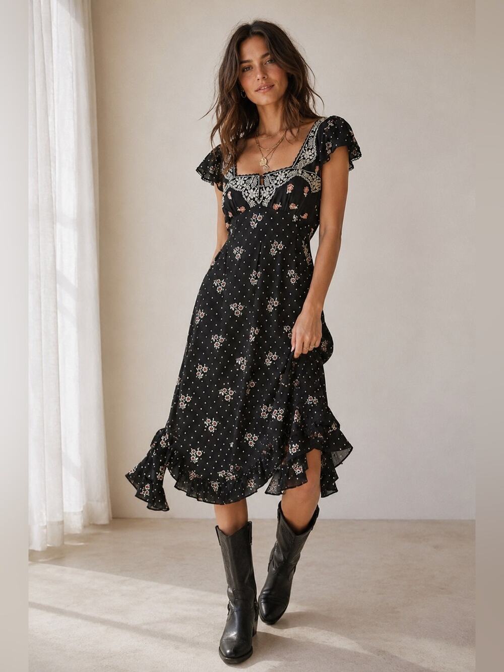 Free People Haven Midi Dress in Black Combo M